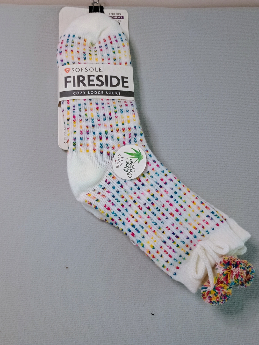 Fireside White Cozy Socks with Multicolor Dots and Pom-Poms